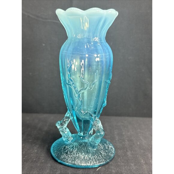 Vtg Northwood Dugan Aqua Blue Opalescent Glass Bud Vase Twigs Pattern 5" tall - Picture 1 of 7